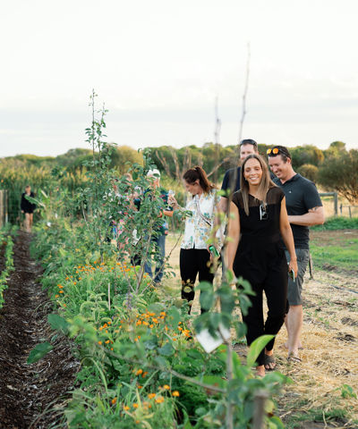 People exploring 11 Acre Farm walking next to the vegetable garden